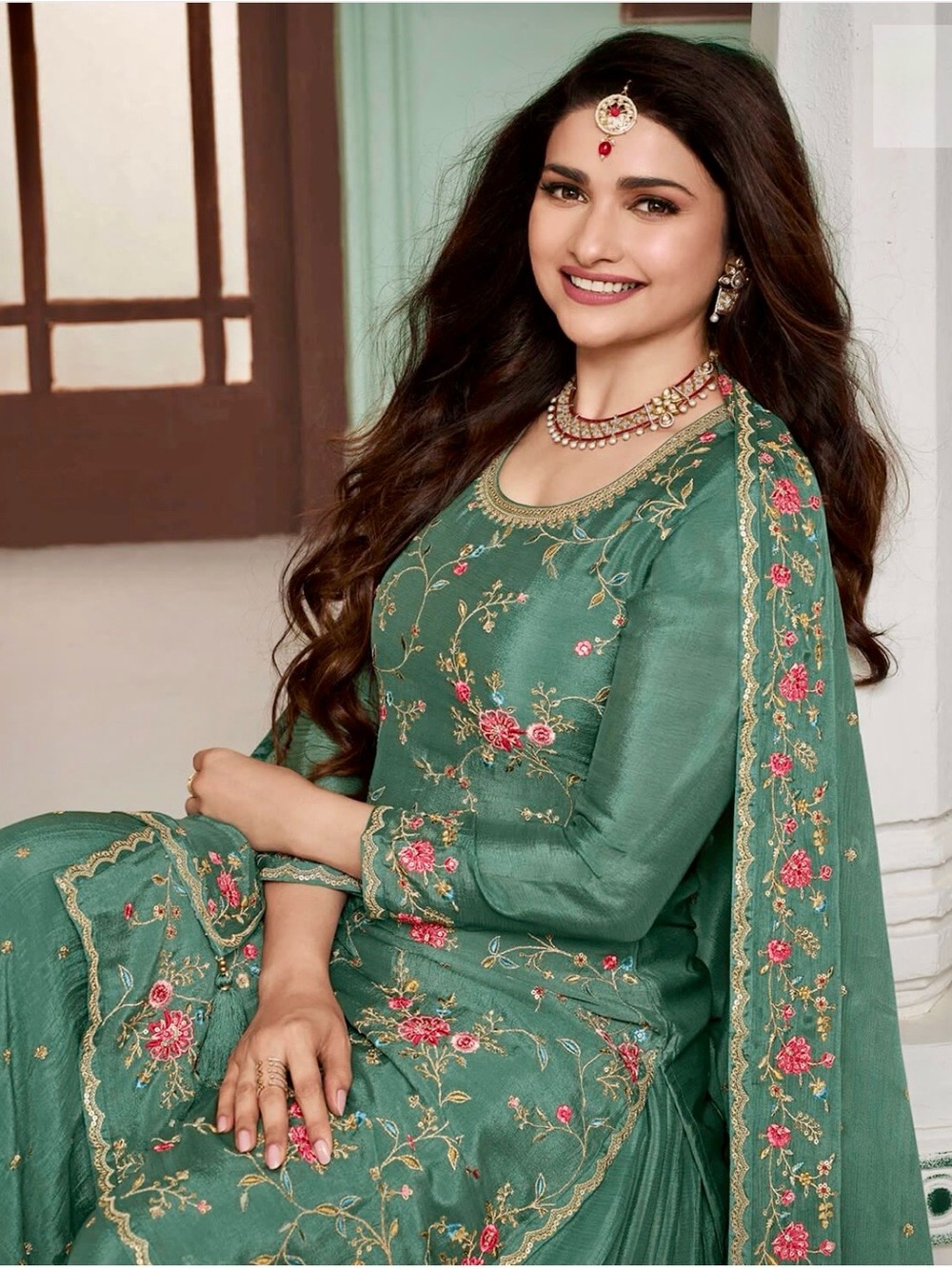 Embroidered Teal Green Anarkali with Pink Floral Accents